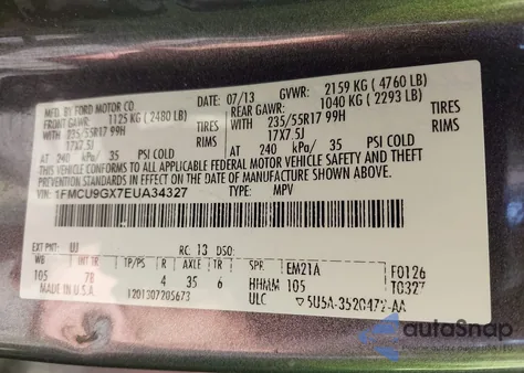 2014 Ford Escape Se z USA, uszkodzony, nr VIN 1FMCU9GX7EUA34327